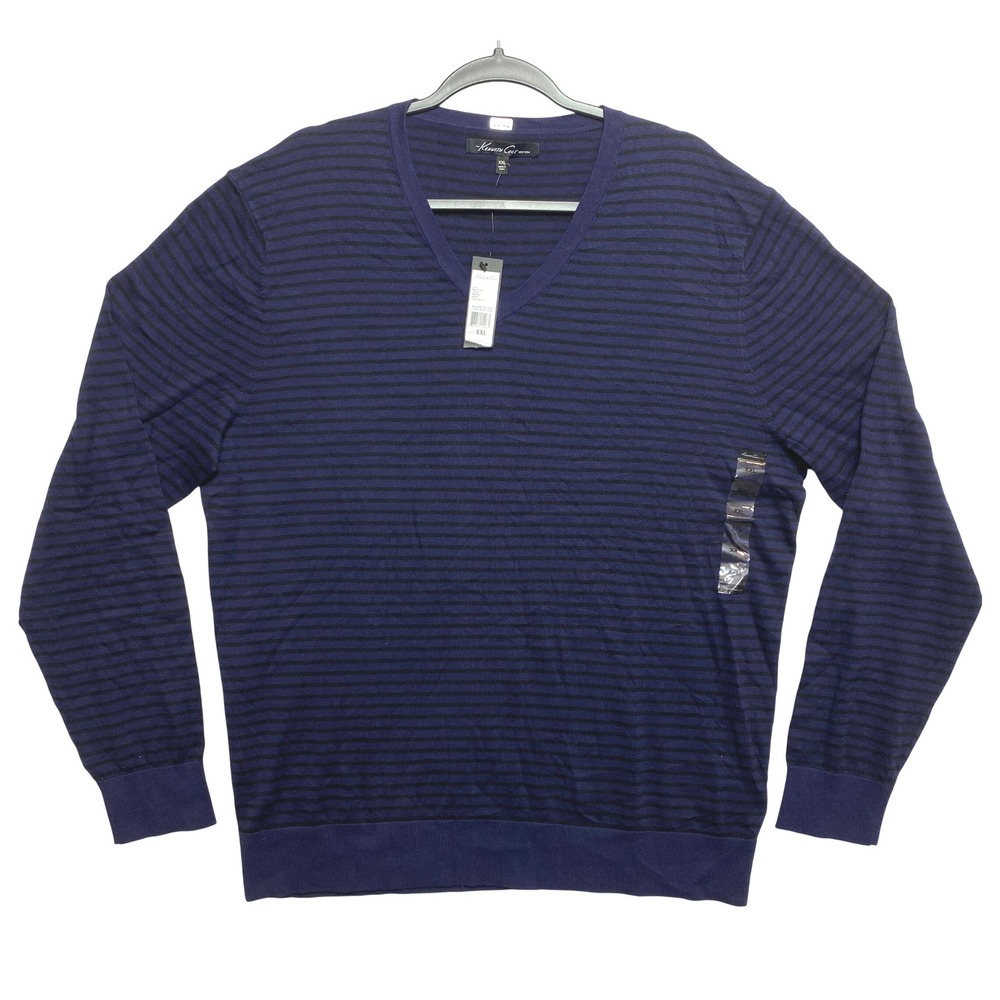 Kenneth Cole New York Sweater Mens XXL Navy Black Striped Knit Blend